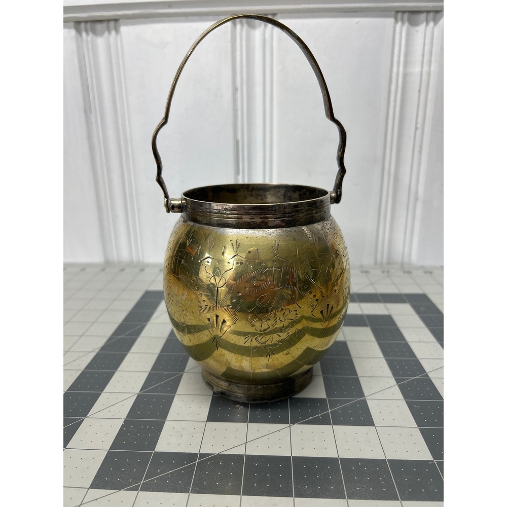 Vintage EPNS Etched Floral Bucket Gold Silver Metal Handle Decor Bucket Metal